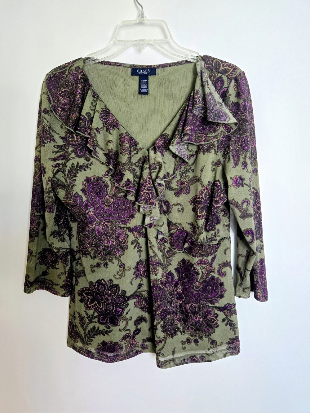 Like New Chaps Women's Olive Green & Purple Floral V-Neck Ruffle Top Women's XL